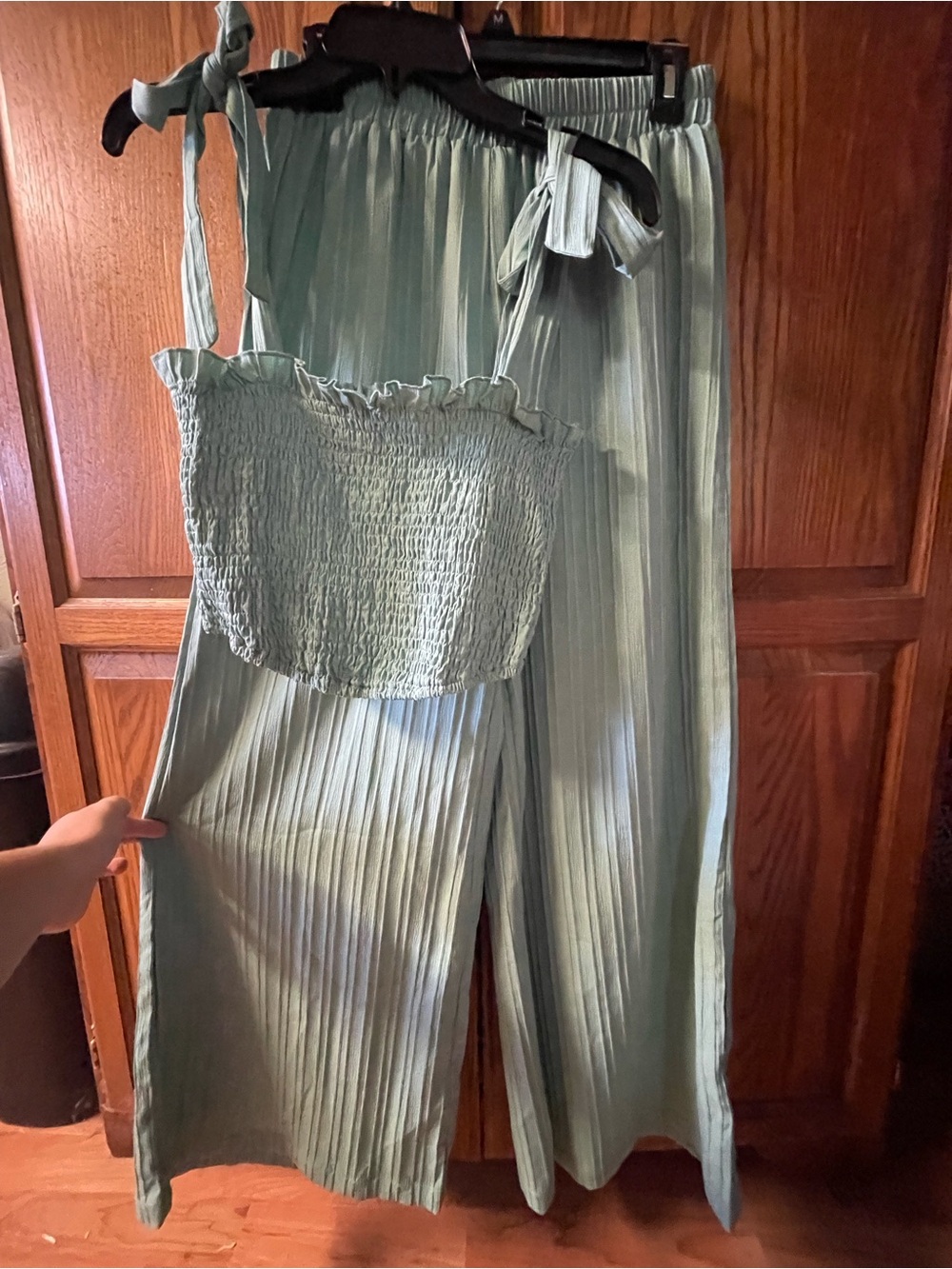 Smocked Crop Top & Pleated Wide-Leg Jumpsuit Set in Mint Green